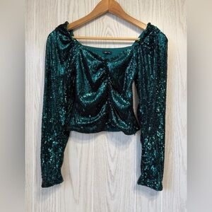 Express Teal Sequin Ruched Crop Top Size XS